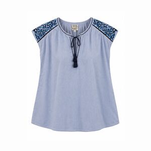 Sister Mary Womens Top Blue Slyvia Floral Embroidered Tasseled Blouse Boho Small